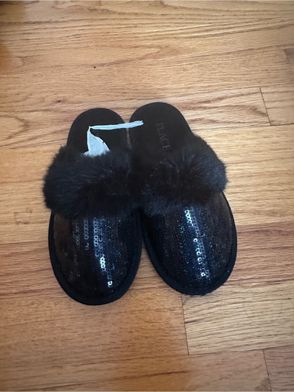 Women's Black Sequin Slide Slippers with Faux Fur Trim
